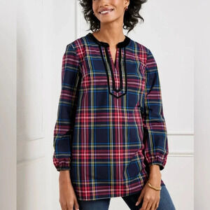 TALBOTS Petite Women’s Split-Neck Tunic Blouse Top Red Cabin Plaid Velvet